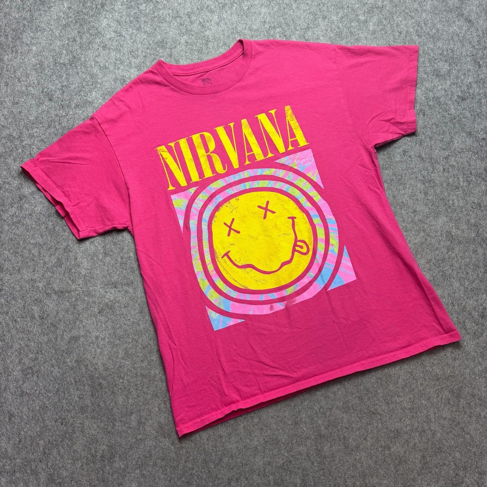 Nirvana Shirt Mens Large Pink Smiley Logo Graphic Rock Band Tee Grunge Music